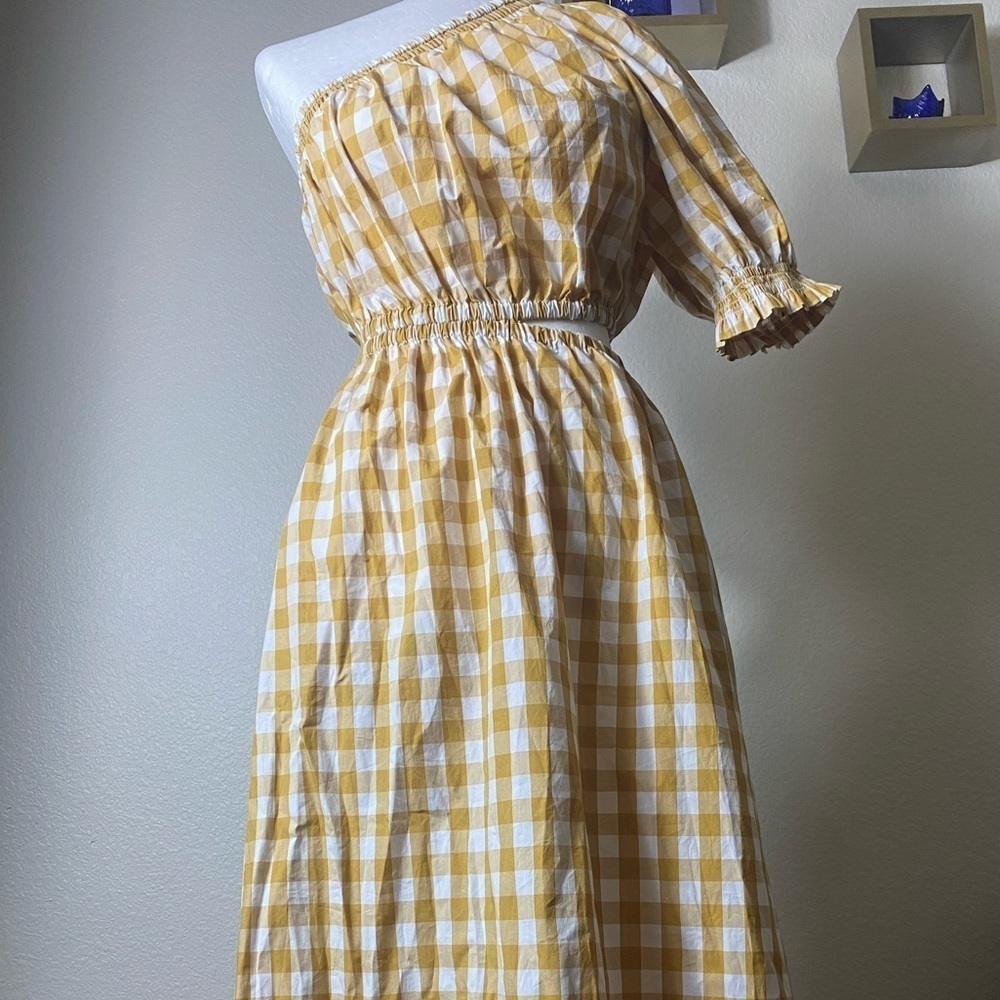 Who What Wear Cotton One Shoulder Cut Out Mustard Yellow Gingham Dress — image 2 of 8